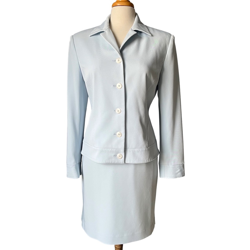 Y2K Cleo Petites Blue Skirt Suit Set 8P | Fitted Blazer + Pencil Skirt Office